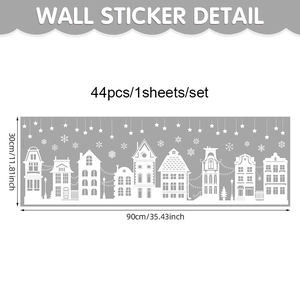 Detailed size chart for Christmas window stickers with 44 white snowflake and house decals