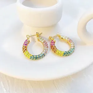 Rainbow rhinestone hoop earrings in 18K gold plated stainless steel with multi-color stones