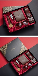 Men's 6-piece business gift set featuring brown leather watch, wallet and belt in a box