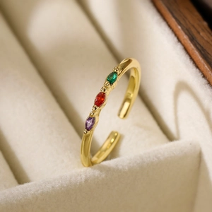 Minimalist 18K gold-plated open ring with green red and purple marquise stones