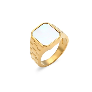 Gold plated stainless steel ring featuring a square white mother of pearl and textured band