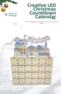 Detailed laser-cut wooden Advent calendar featuring Santa sleigh and 24 storage drawers