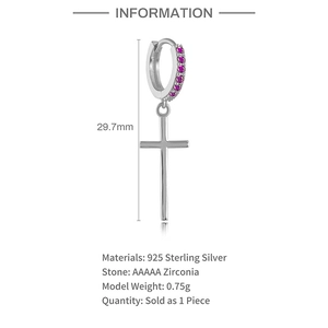 Detailed view of S925 sterling silver cross earring with purple zircon and dimensions