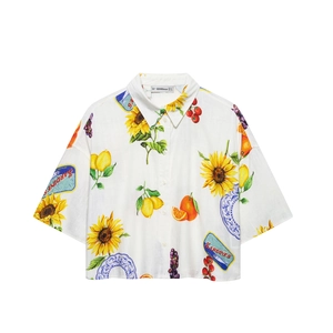 Femmes Style Méditerranéen Imprimé Fruits Fleurs Chemise Manches Courtes Ou Mini Jupe Décontracté Vacances Blanc Revers Top Bas Vêtements