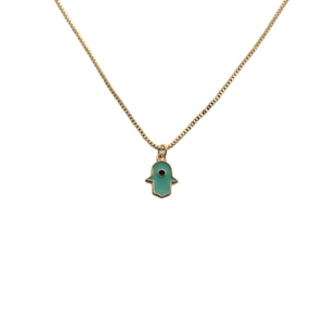Gold plated Hamsa Hand necklace with turquoise enamel and evil eye pendant for women