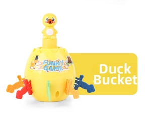 Detail of a funny duck pop-up game with colorful plastic swords and yellow barrel