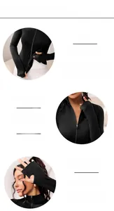 Detail view of stretch yoga jacket fabric and thumb hole cuffs on a white background