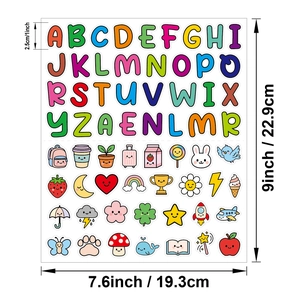 Detailed size chart for 63pcs cute cartoon alphabet stickers with matte finish measurements