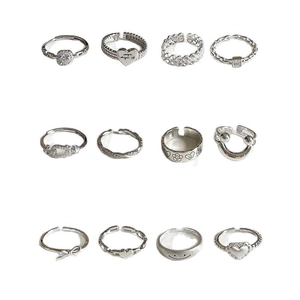 Set of 12 minimalist S925 sterling silver rings with heart, flower and smiley face motifs