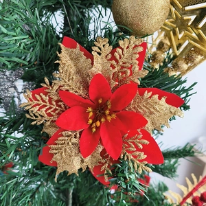 Glittery Artificial Christmas Poinsettia Flowers For Tree And Wreath Decor Festive Fabric Plastic Shimmering Ornament