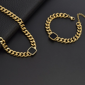 Stainless Steel Cuban Link Chain Necklace And Bracelet With Square Black Enamel Hip Hop Chunky Fashion Jewelry For Women