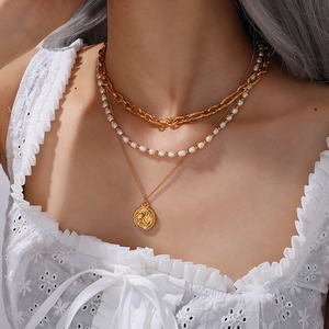 Zodiac Relief Round Pendant Necklace Stainless Steel Gold Plated Retro French Style For Women Fashion Jewelry