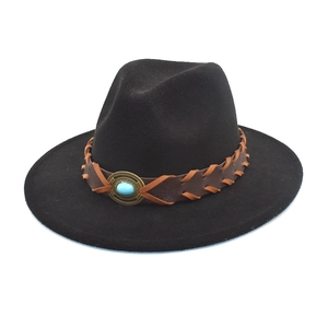 Fedora Hat Woolen Felt Wide Brim Western Ethnic Style With Leather Band Turquoise Decoration For Women Men