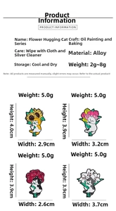 Detailed size specifications for cat and flower enamel badges with alloy dimensions