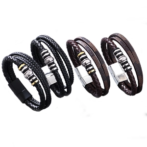 Men's multilayer braided leather bracelets with magnetic clasps in black and brown styles