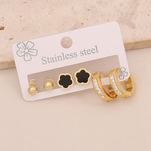 Detailed set of stainless steel earrings featuring heart, flower, and gold hoop designs