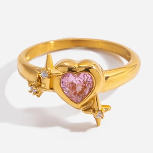 Heart Star Ring 18K Gold Plated Stainless Steel Pink Zircon Artificial Pearl Fashion Elegant Jewelry For Women Girls Hypoallergenic