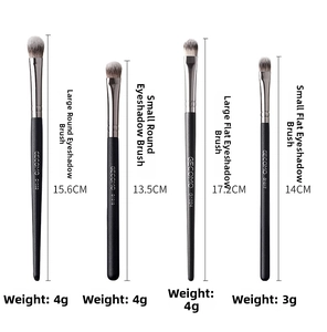 Size chart showing exact lengths and weights for four types of eyeshadow brushes