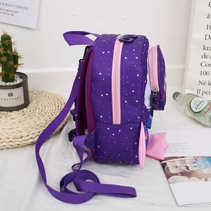 Side view of purple polka dot kids backpack with pink wings and adjustable straps