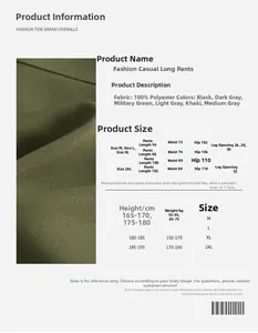 Guía de tallas y detalles del tejido para pantalones cargo hechos de 100% poliéster