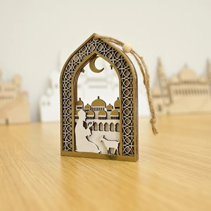Detailed laser-cut wooden Eid pendant featuring mosque silhouette and prayer figure