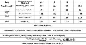 Size chart for vintage faux leather jacket with material details and dimensions