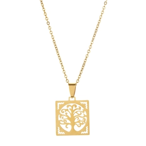 Collier en acier inoxydable avec pendentif carré évidé Arbre de Vie en finition dorée
