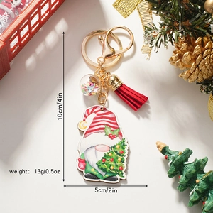 Christmas gnome wooden keychain with red tassel and glitter charm for festive gifting