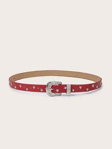 Detailed close-up of a red leather belt with western floral buckle and silver star studs