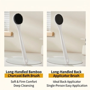 Long-handle charcoal bristle body brush and lotion applicator for deep back cleaning