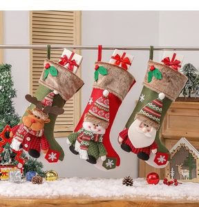 Detail of Christmas stockings with Santa, Snowman and Reindeer on faux fur and knit fabric