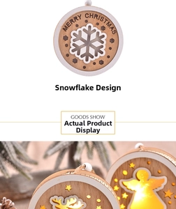 Detail of wooden Christmas LED hanging ornament with snowflake cutout and warm lights