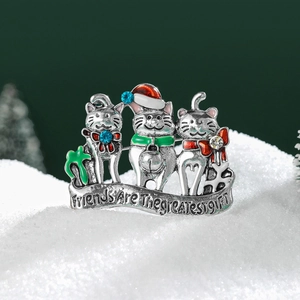 Cat Christmas brooch with rhinestones and Friends Are The Greatest Gift banner