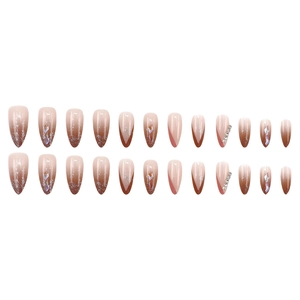 Glitter almond press-on nails with pink-brown gradient, marble pattern, and crystal gems