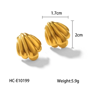 Detailed view of 18k gold stainless steel scallop shell earrings with size specs