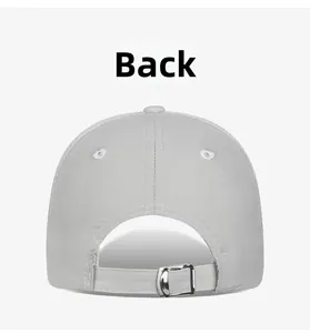 Back view of gray mesh baseball cap featuring an adjustable silver metal buckle strap