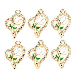 Detailed view of heart tulip charms with green enamel leaves and white rhinestones
