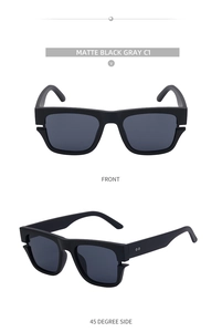 Front and 45-degree side views of matte black square sunglasses with gray lenses