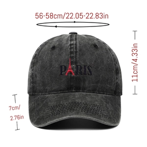 Front view of washed grey baseball cap with Paris embroidery and Eiffel Tower logo