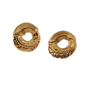 Artistic round gold titanium steel earrings featuring textured hammer and groove finishes