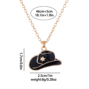 Golden necklace with black cowboy hat pendant and detailed measurement specifications