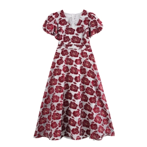 Elegantes Damen Maxi Kleid V-Ausschnitt Puffärmel Weißes Mesh Jacquard Rote Rose Blumendruck Hohe Taille A-Linie