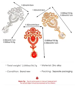 Size specifications for crystal crown brooches featuring width, length, and zinc alloy material