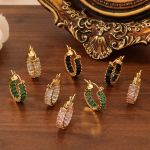 18K Gold Plated Stainless Steel Round Hoop Earrings For Women Retro Double Side Inlaid Rhinestone Geometric Hoop Earrings
