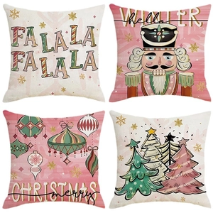 Set of 4 Christmas pillow covers with Nutcracker and festive prints on linen fabric