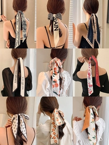 Collage of diverse patterned hair scarves featuring floral and geometric designs