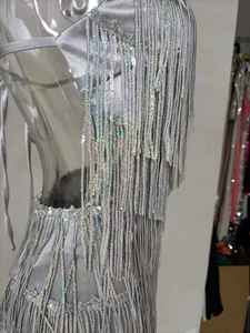 Detail of silver sequin tassel top with multi-layer fringe and open back design