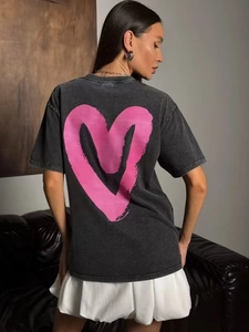 Γυναικείο Oversized Βαμβακερό T-Shirt Vintage Πλυμένο Μαύρο Κοντομάνικο Στρογγυλή Λαιμόκοψη Γραφικό Ροζ Καρδιά Streetwear