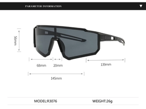 Detailed size parameters for R3076 sports cycling sunglasses with large frame lens