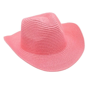 Detailed side view of pink woven straw cowboy hat with a curved brim and textured finish
